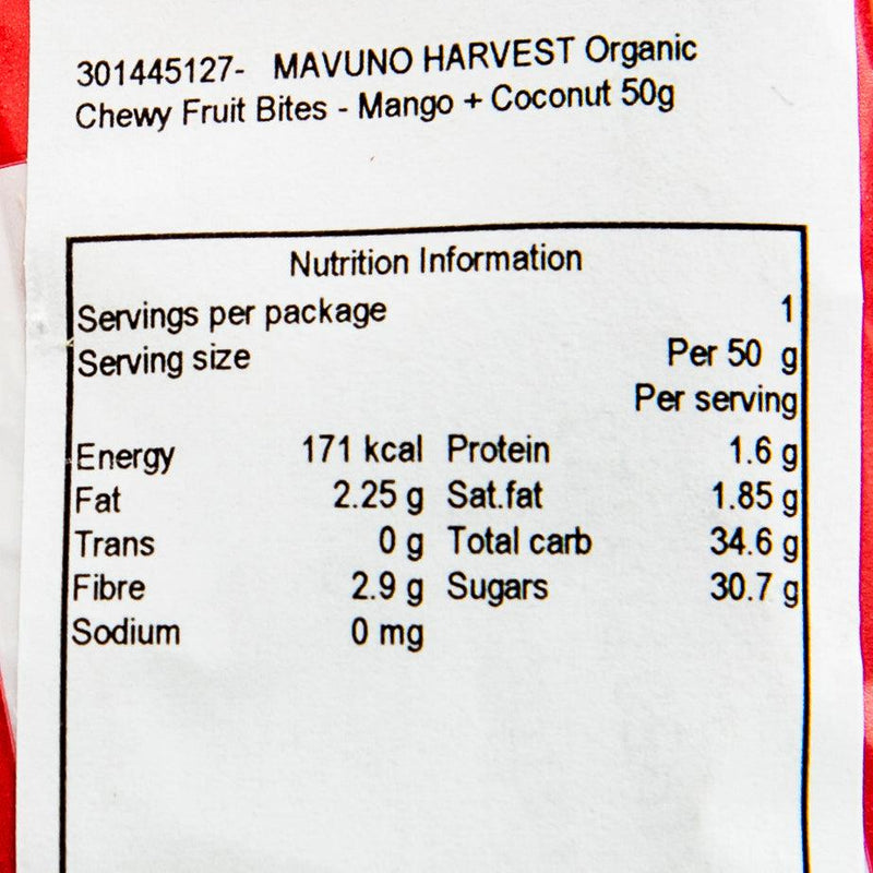 MAVUNO HARVEST Organic Chewy Fruit Bites - Mango + Coconut  (55g)