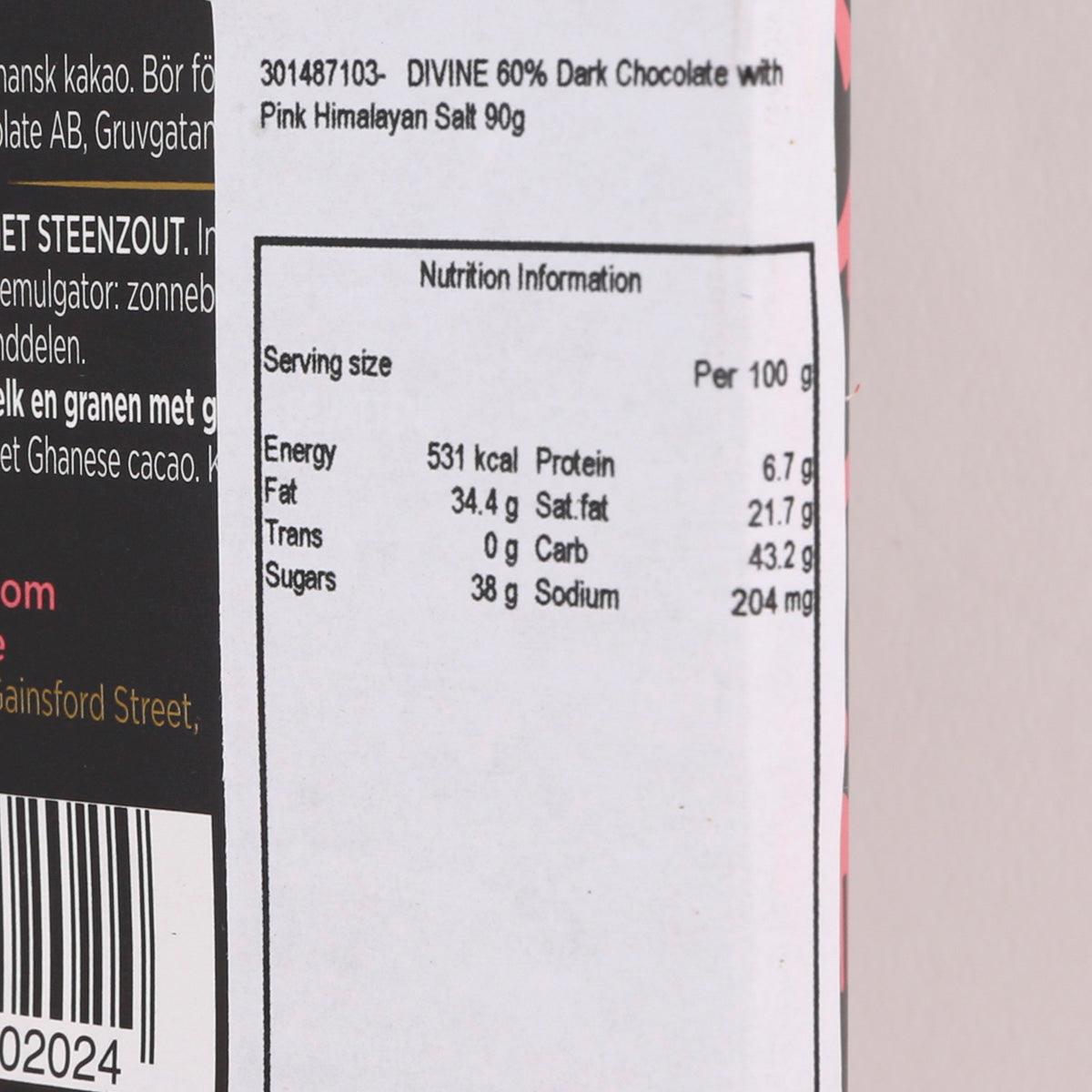 DIVINE 60% Dark Chocolate with Pink Himalayan Salt  (90g)